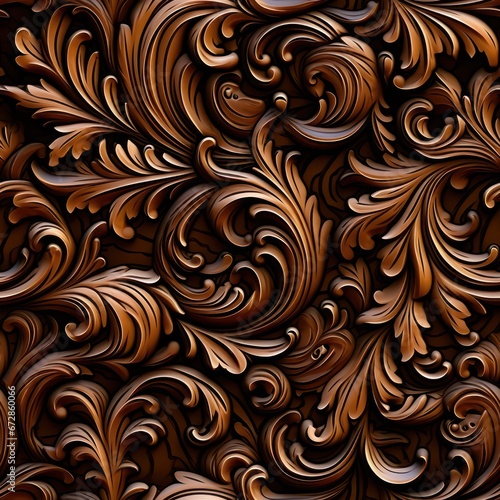 3D wood carving pattern tile incorporating classic Victorian and modern floral styles in a luxurious brown color, perfect for printing and sublimation applications.