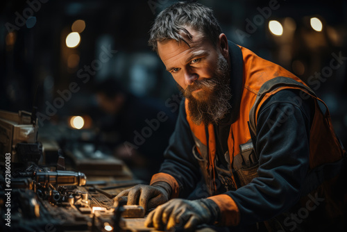 A skilled worker donning an orange vest carefully operates a complex machine indoors  his determined expression reflecting his dedication to his craft