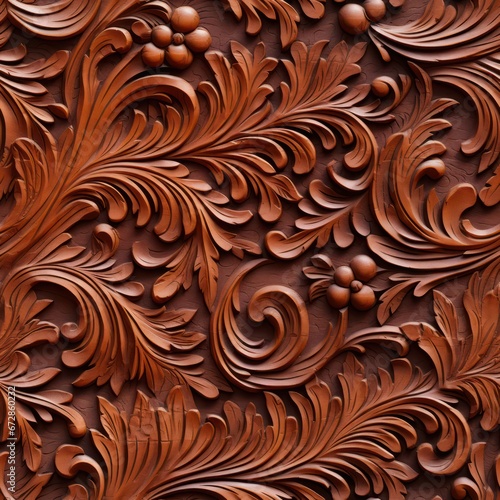 3D wood carving tile pattern incorporating classic Victorian and modern floral styles in a luxurious brown color, perfect for printing and sublimation applications.