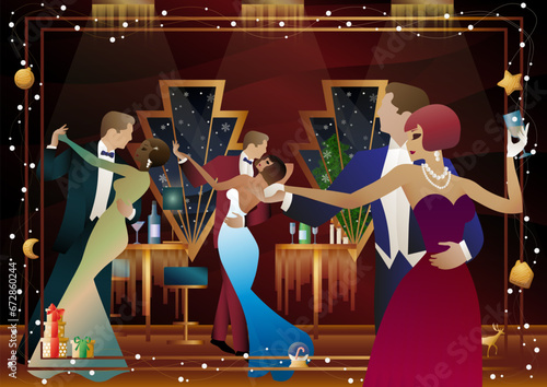 New Year s, Christmas party. A couple dances near a table with champagne, against the backdrop of a window with snowfall. Concept for holiday, winter holidays, New Year, Christmas