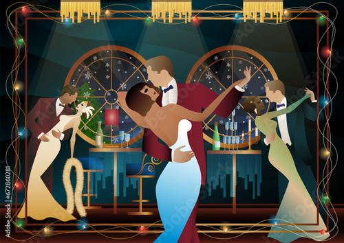 New Year s, Christmas party. A couple dances near a table with champagne, against the backdrop of a window with snowfall. Concept for holiday, winter holidays, New Year, Christmas