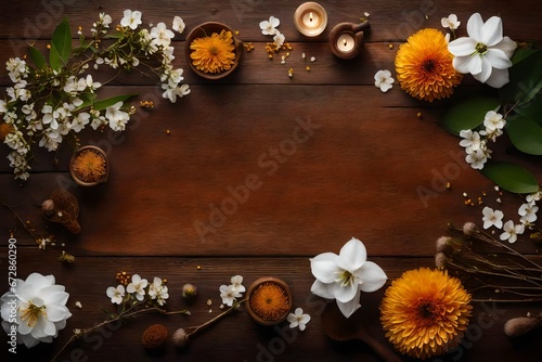Spa still life with flowering branches on wooden table, top view.