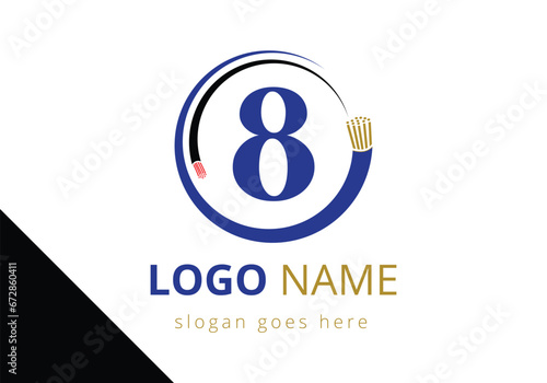 Letter 8 with electric wire, optical fiber cable Logo Design Vector Template.