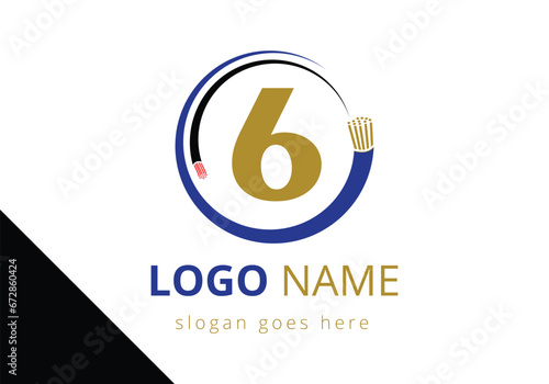 Letter 6 with electric wire, optical fiber cable Logo Design Vector Template.