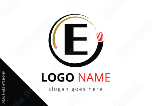 Letter E with electric wire, optical fiber cable Logo Design Vector Template.