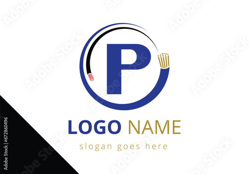 Letter P with electric wire, optical fiber cable Logo Design Vector Template.
