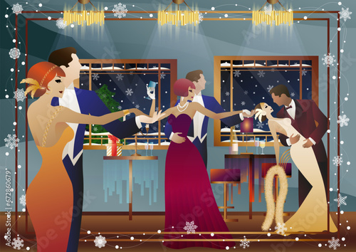 New Year s, Christmas party. A couple dances near a table with champagne, against the backdrop of a window with snowfall. Concept for holiday, winter holidays, New Year, Christmas