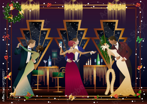 New Year s, Christmas party. A couple dances near a table with champagne, against the backdrop of a window with snowfall. Concept for holiday, winter holidays, New Year, Christmas