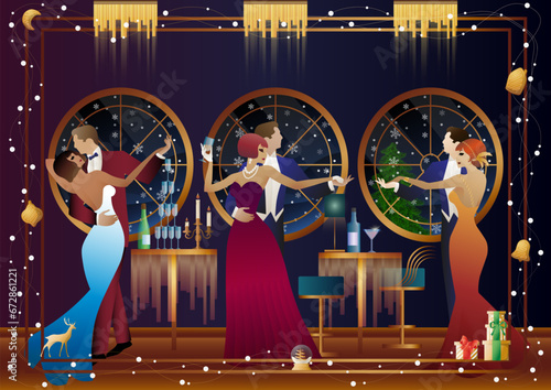 New Year s, Christmas party. A couple dances near a table with champagne, against the backdrop of a window with snowfall. Concept for holiday, winter holidays, New Year, Christmas