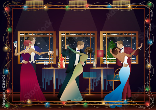 New Year s, Christmas party. A couple dances near a table with champagne, against the backdrop of a window with snowfall. Concept for holiday, winter holidays, New Year, Christmas