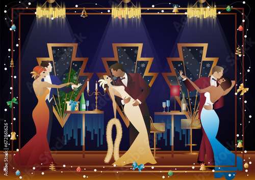 New Year s, Christmas party. A couple dances near a table with champagne, against the backdrop of a window with snowfall. Concept for holiday, winter holidays, New Year, Christmas