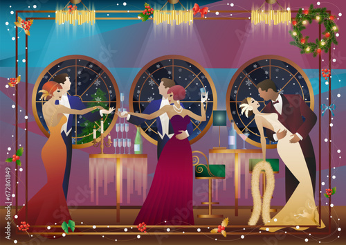 New Year s, Christmas party. A couple dances near a table with champagne, against the backdrop of a window with snowfall. Concept for holiday, winter holidays, New Year, Christmas