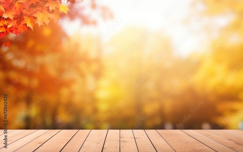 Wooden table and blurred Autumn background. Autumn yellow leaves banner