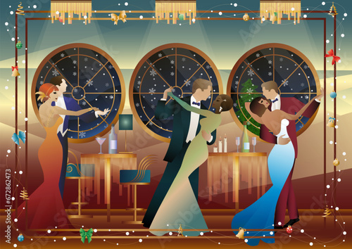 New Year s, Christmas party. A couple dances near a table with champagne, against the backdrop of a window with snowfall. Concept for holiday, winter holidays, New Year, Christmas