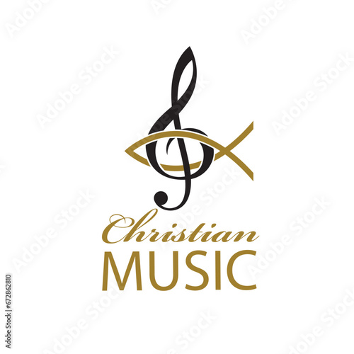 christian music emblem with fish and treble clef isolated on white background 