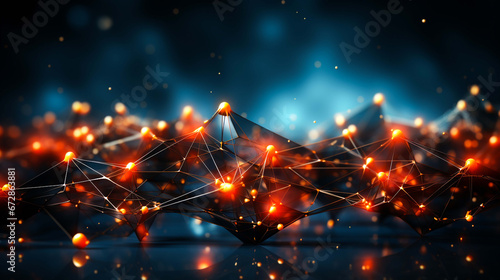 3d abstract of an orange sphere with LED lights at the surface, in the style of bokeh panorama, dark indigo and red, intertwined networks, martin rak, squiggly line style, flickr, light black and cyar photo