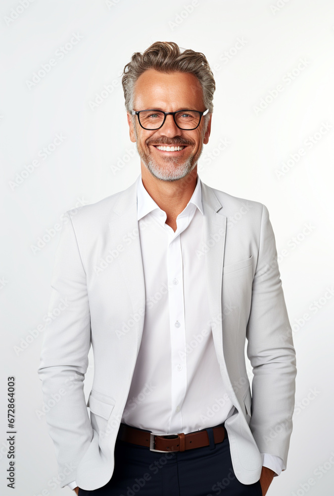 Happy smile businessman on a white background in the studio, white business professional. For art texture, presentation design or web design and web background. Generative AI. Happy smile businessman on a white background in the studio, white business professional. For art texture, presentation design or web design and web background. Generative AI.