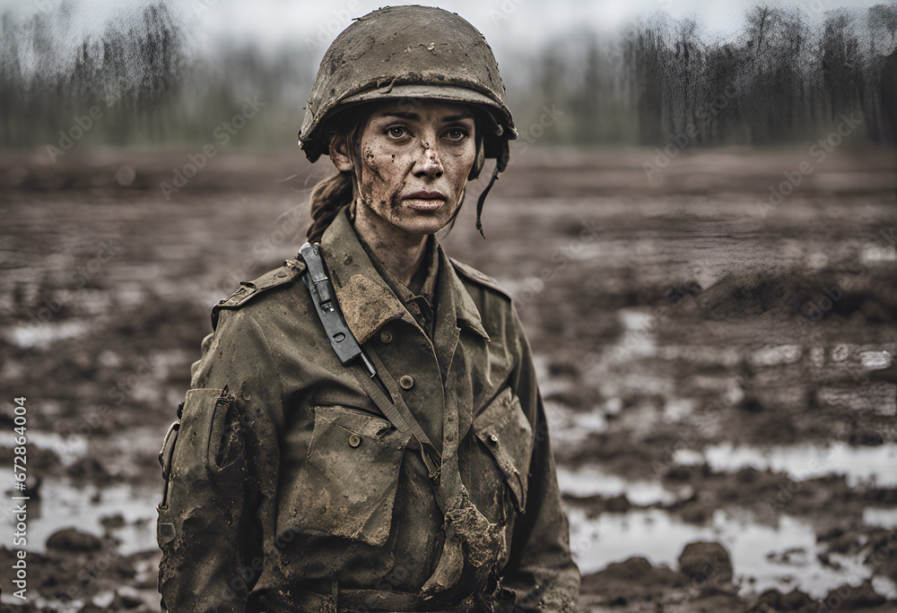 A female soldier on a muddy battlefield
