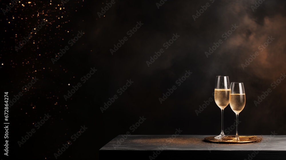 Tło na życzenia noworoczne - Szczęśliwego Nowego Roku 2024. Kieliszki z szampanem w Sylwestrową noc na ciemnym tle - obrazy, fototapety, plakaty 