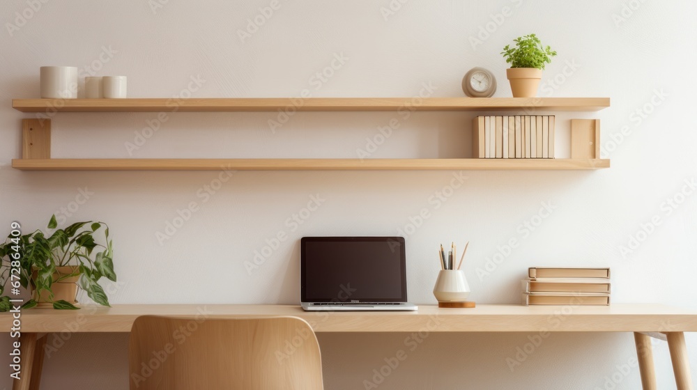 Cozy Minimalist Home Office with Light Oak Desk, minimal, mockup, living, office, Cozy Minimalist Home Office with Light Oak Desk, minimal, mockup, living, office,