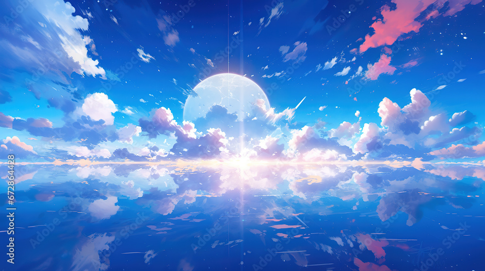 Obraz premium wonderful epic landscape illustration of the sun at the horizon, anime artwork