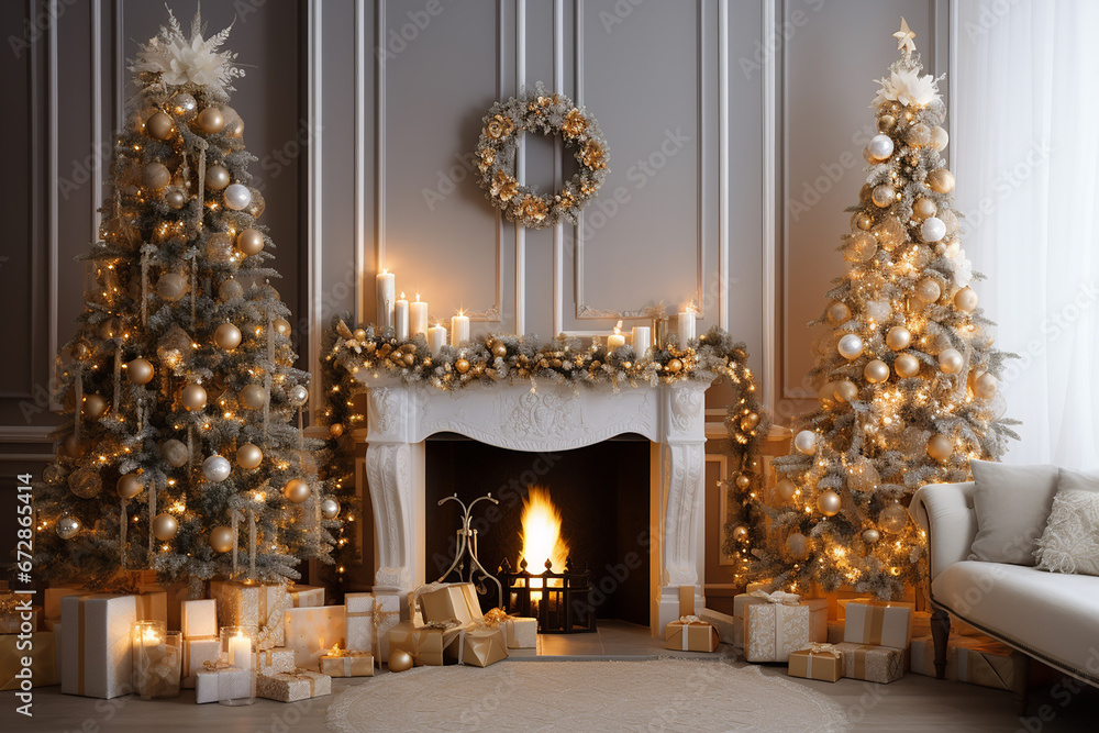 Christmas Tree with Decorations Near a Fireplace with Lights - Created with Generative AI Tools Christmas Tree with Decorations Near a Fireplace with Lights - Created with Generative AI Tools
