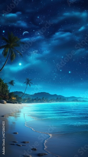 Beautiful starry night and beach with palm trees