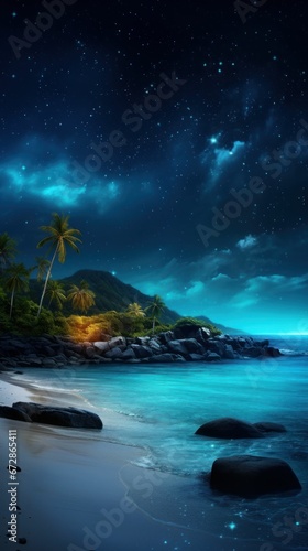 Beautiful starry night and beach with palm trees