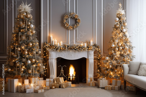 Wallpaper Mural Christmas Tree with Decorations Near a Fireplace with Lights - Created with Generative AI Tools Torontodigital.ca