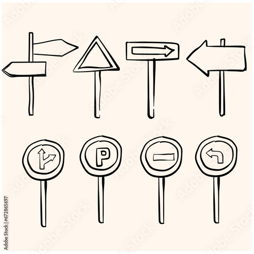 Sketch doodle of Road signs. A set of simple sketches of arrows. Up, down, left, right. Doodle style line art