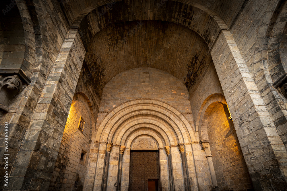 Detail of the facade, vault and pillars of the Romanesque cathedral of Jaca, Huesca, Spain