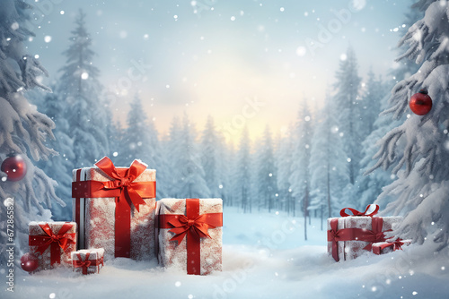 Christmas Gifts With Red Bows On A Winter Forest Background - Created with Generative AI Tools