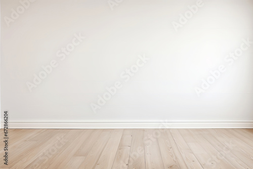 Modern white Interior with white wall and wooden floor. Empty wall mockup