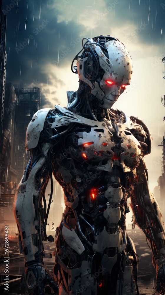 Fototapeta premium Futuristic Cyber Robot in War with Advanced Weapon 