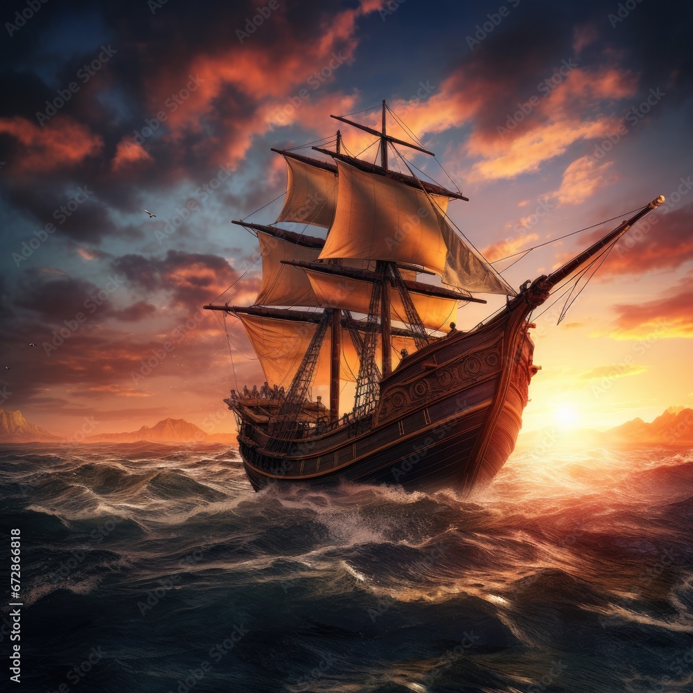 Medieval ship sailing toward an exotic distant land