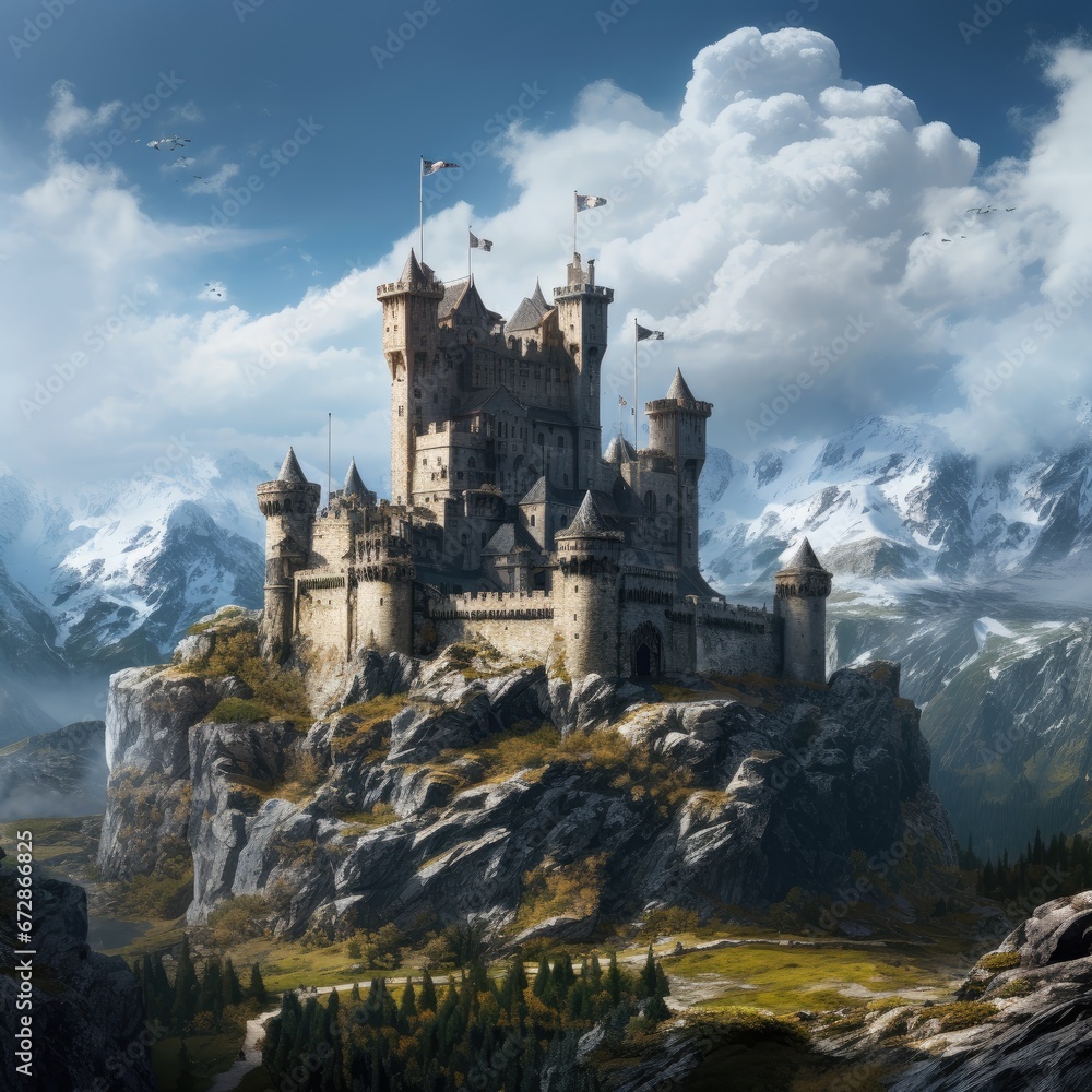 Medieval castle perched on a rugged mountaintop