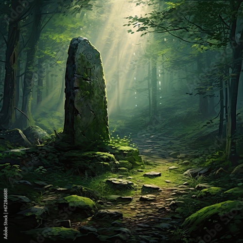 Mysterious forest glade with an ancient standing stone