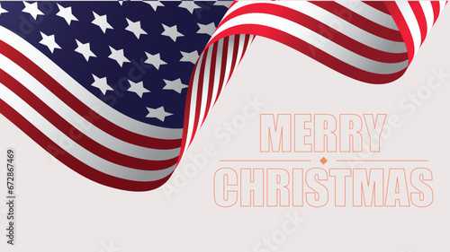 Merry Christmas sign under waving flag of Unite States of America. Vector illustration.