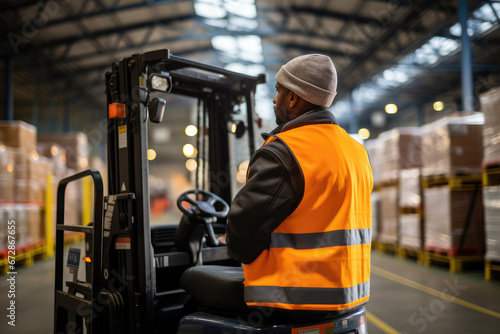 A worker working in a warehouse drives a forklift
