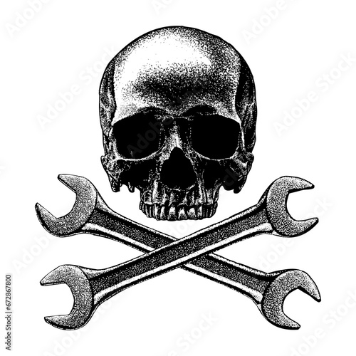 skull and crossing wrenchs hand drawing vector isolated on background.
