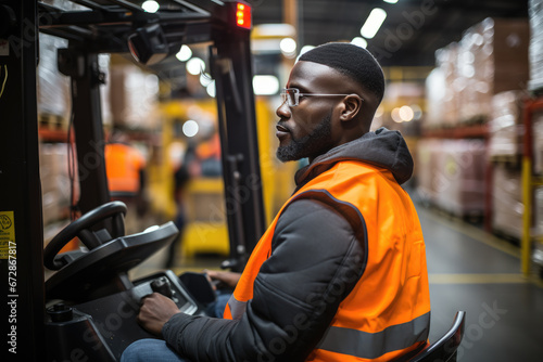 A man in a work suit operates a forklift in a warehouse