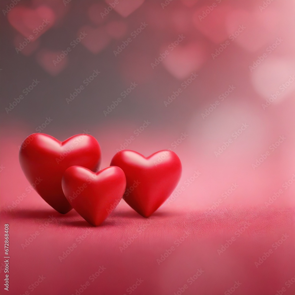  three 3D red hearts, blurred pink background with negative copy space on the right. 