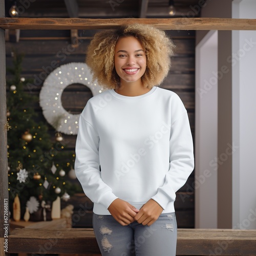 Girl white gilden christmas sweatshirt mockup, white women sweatshirt mockup, Generative Ai  photo