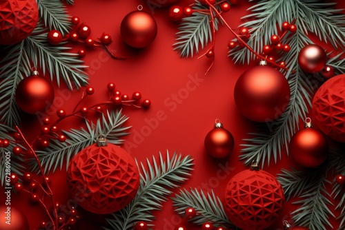  Christmas balls and fir branches on a red background.
