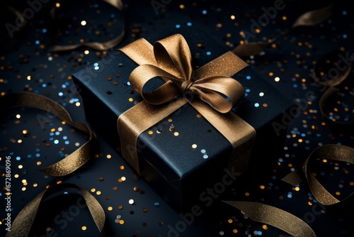 black gift box with a golden bow on a black background