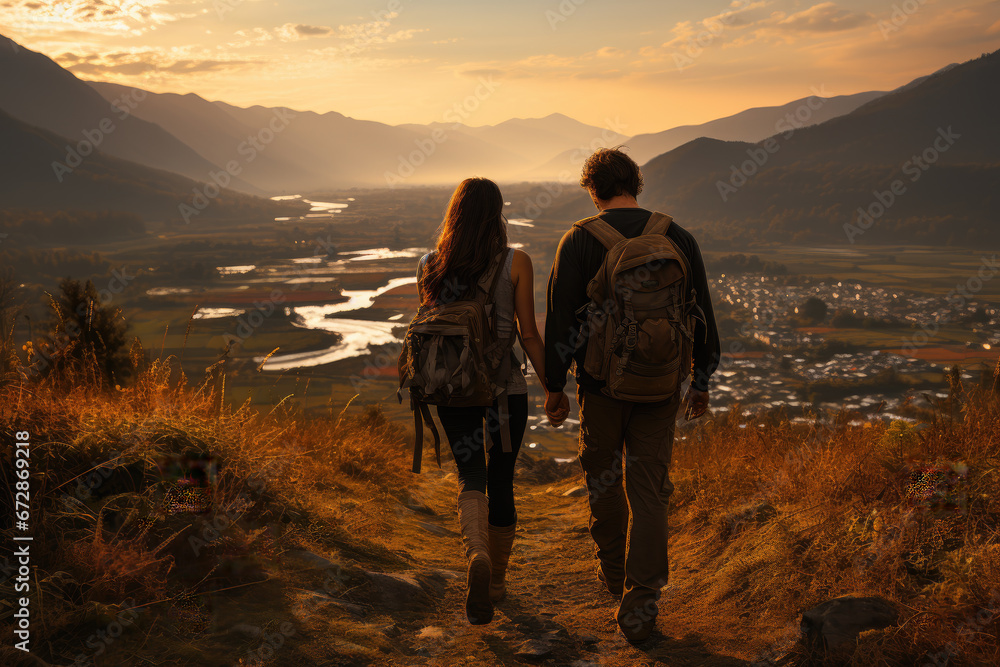 A couple watches the river and the sunset from the top of the mountain