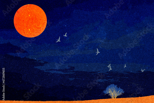 ilustracja grafika krajobraz nocą ciemne niebo jasne ptaki lecące w stronę święcącego księżyca.