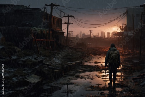 Postapocalyptic Scene With Character Facing Away. Сoncept Urban Jungle Adventure, Moody Street Art, Dramatic Cityscape, Hidden Alleys, Mysterious Graffiti