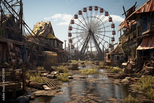 Postapocalyptic Amusement Park In Destroyed City