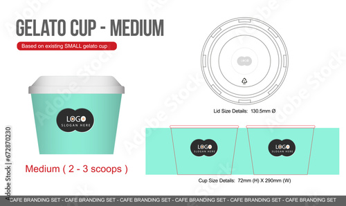 Ice Cream Sizes Large, Medium, Small Size Gelato Cup Template Die cut for cafe, sweet shop, restaurant, candy shops